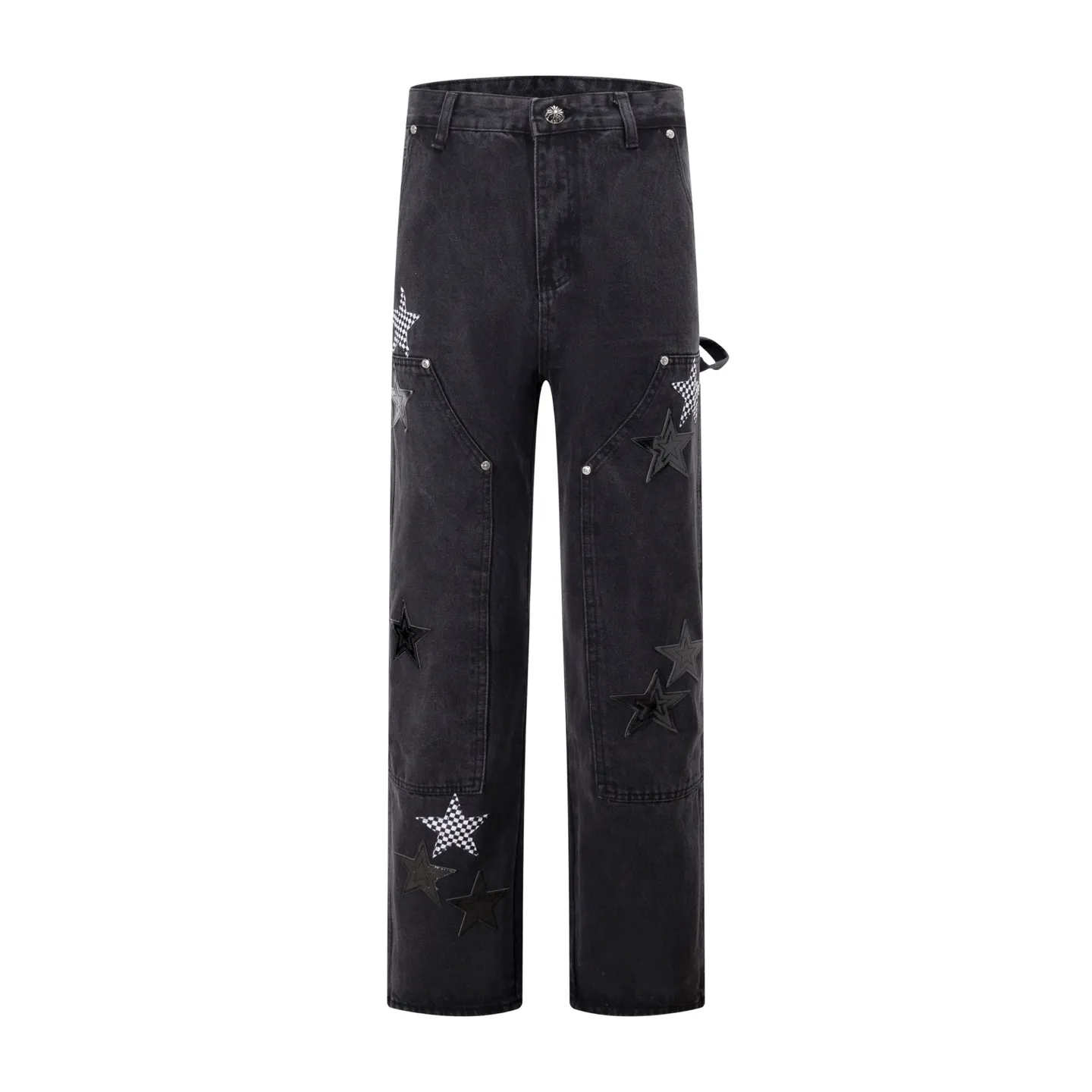P260 Style number: H44 Croxin & 𝐂𝐡𝐫𝐨𝐦𝐞 𝐇𝐞𝐚𝐫𝐭 ss25 black mosaic star pattern leather denim workwear logging pants. Styles with different washed textures are very friendly to people with thin legs. The slightly flared version perfectly modifies the leg shape. The timeless and moderate length makes it easy to match and match. It is the basis for various styles and is a must-have in your wardrobe! The fabric is stiff but also makes the upper body soft without losing texture. The washing process is even more perfect. It is a must-have item for everyone! ! ! Washed wheat, hang tag, pants label, three labels complete Color: black Size: 30-32-34-36
